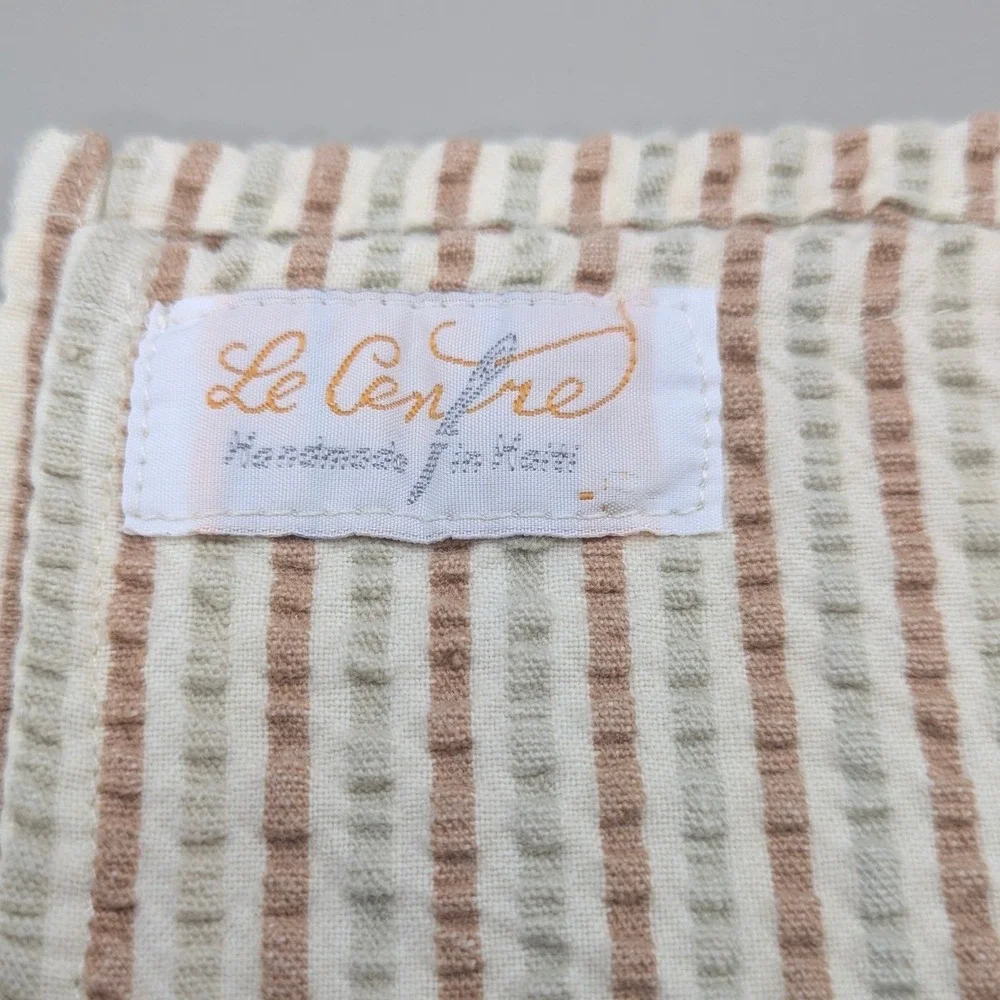 Le Centre Haiti Handmade Embroidered Tea Towel Striped Seersucker Folk Art‎